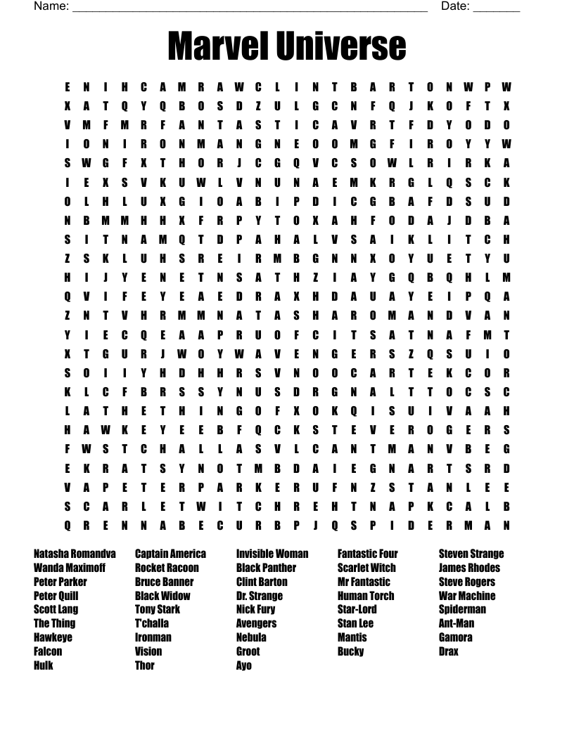 Marvel Universe Word Search WordMint