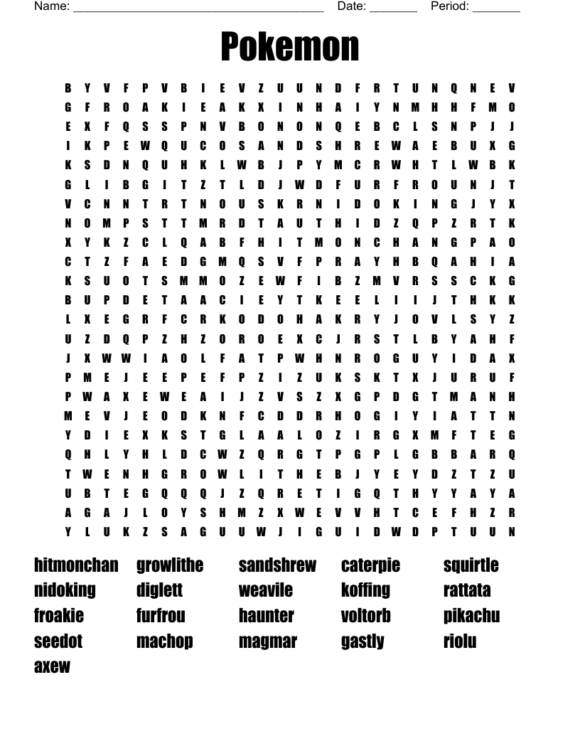 Word Search Pokemon Printable
