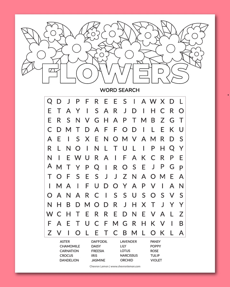 Printable Flower Word Search Chevron Lemon Printable Flower Word Search Chevron Lemon