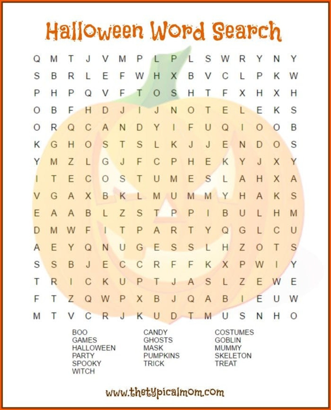 Pumpkin Halloween Word Search Printable Etsy Australia