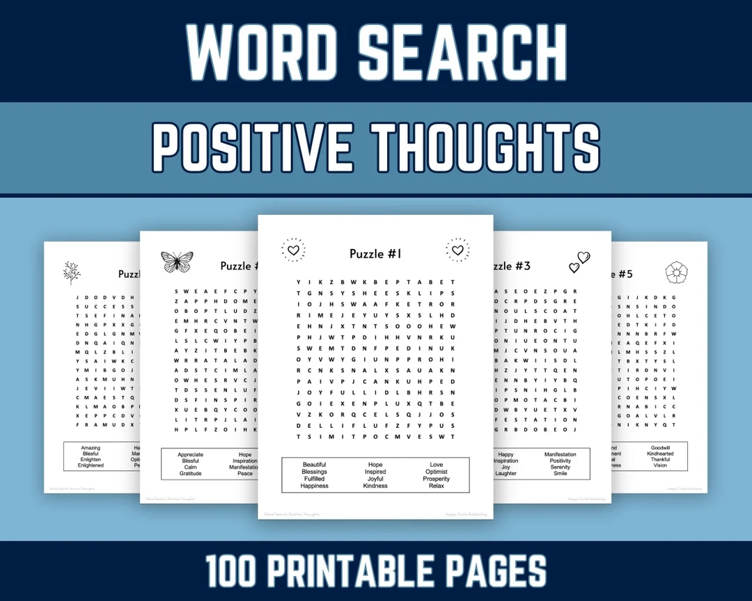 100 Printable Word Search Puzzles Positive Thoughts Uplifting Words Motivational Messages For Kids Adults Seniors PDF Download Etsy