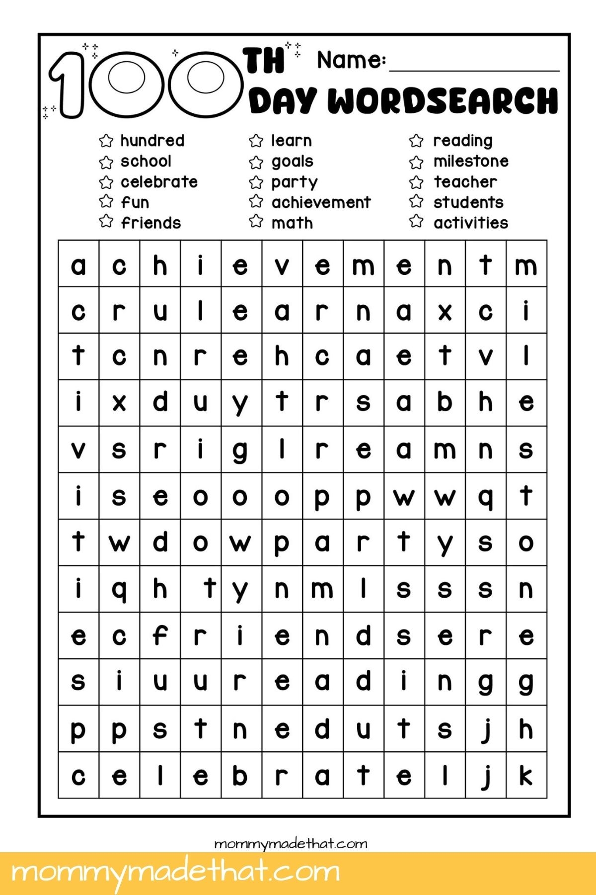 100th Day Of School Word Search Free Printable Worksheet 