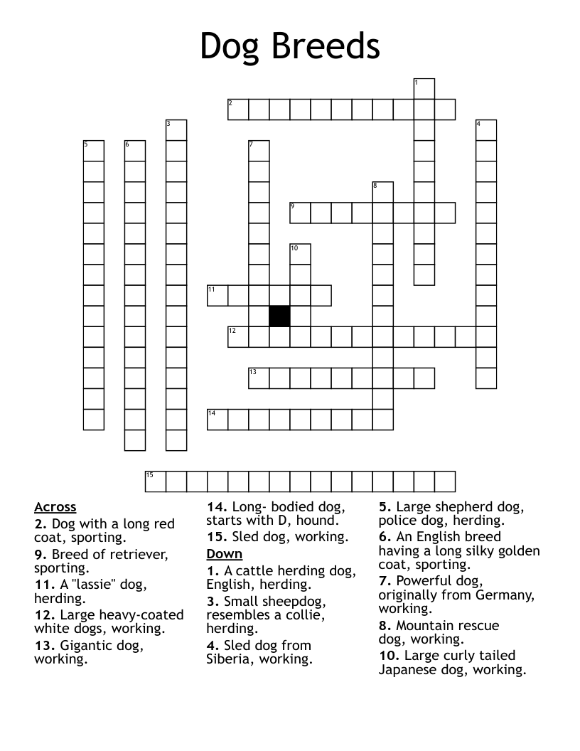 15 Dog Breed Crossword Puzzle WordMint Worksheets Library