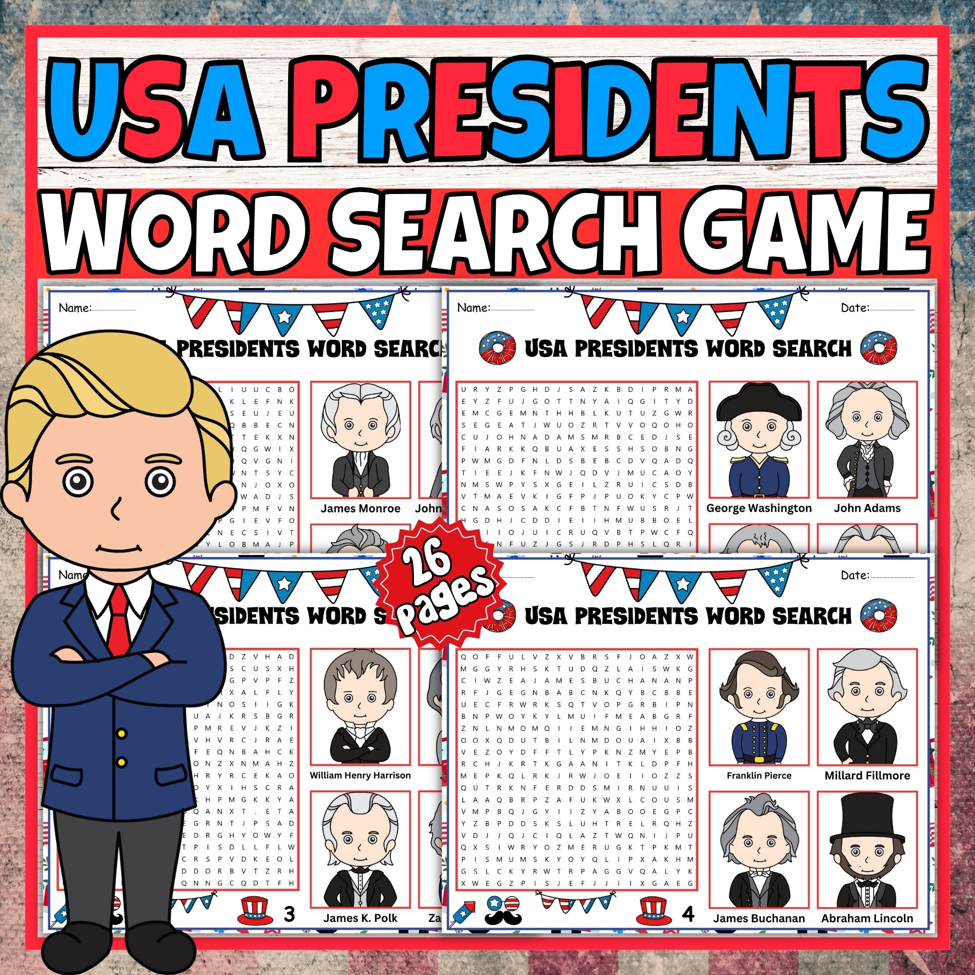 45 USA Presidents Day Word Search Game puzzle Craft Activity 