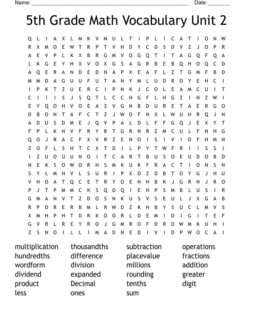 5th Grade Math Vocabulary Word Search WordMint