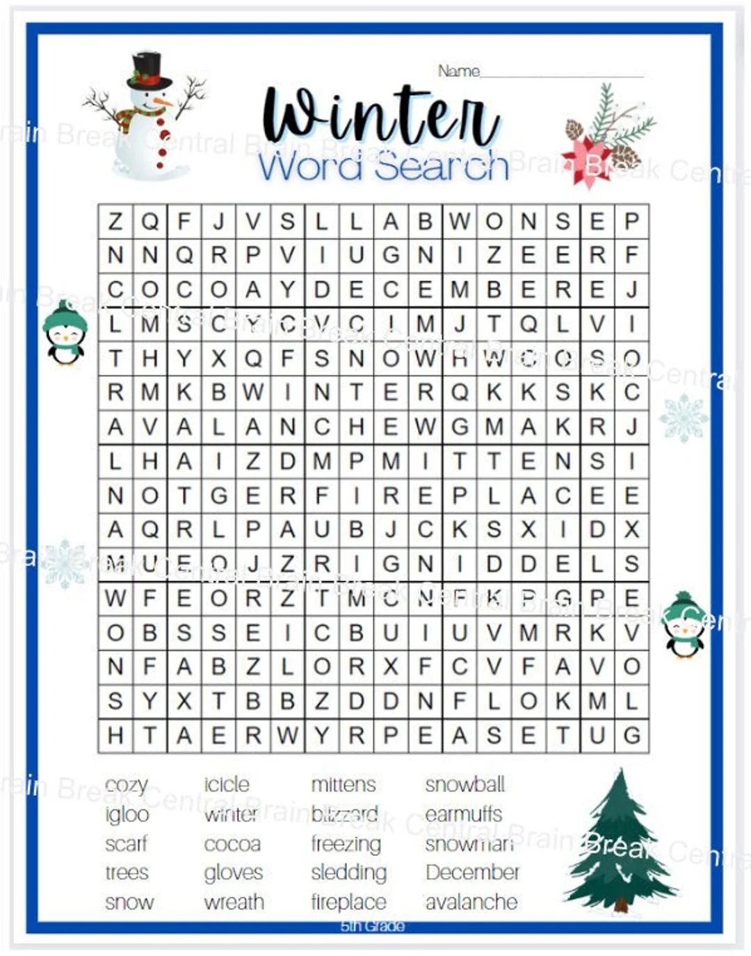 5th Grade Winter Word Search With Answer Key Printable Etsy