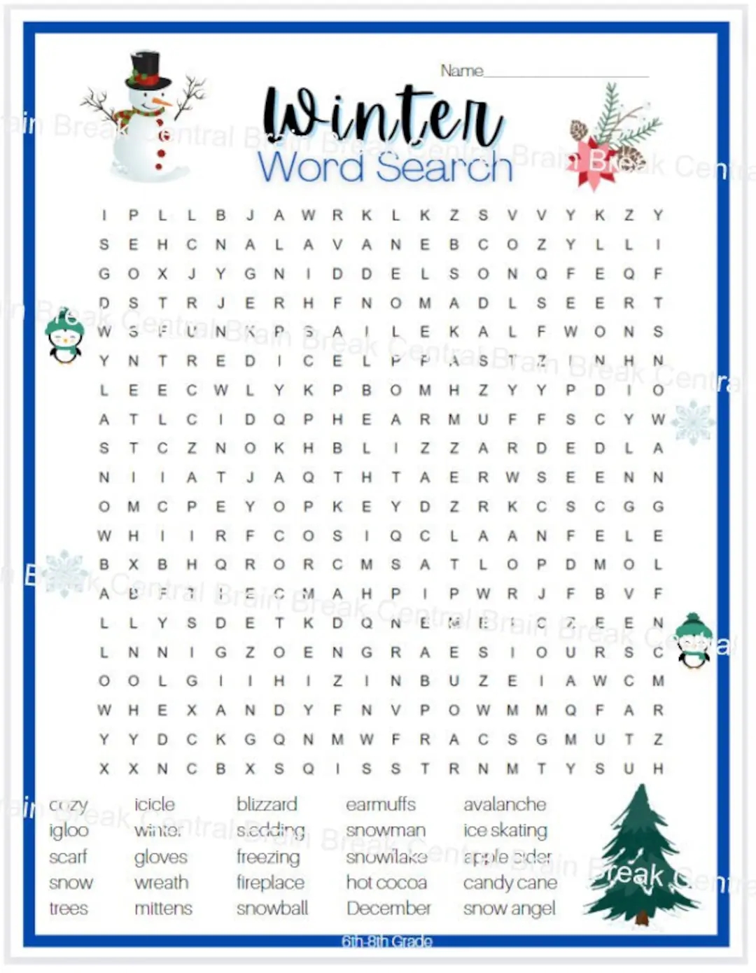 6th 8th Grade Winter Word Search With Answer Key Printable Etsy Israel