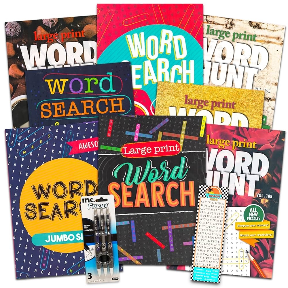 8 Large Print Word Search Books For Adults Seniors Set Of 8 Jumbo Word Hunt Puzzle Books With Large Print Plus Pen And Magnifier Over 700 Word Find Puzzles Word Search