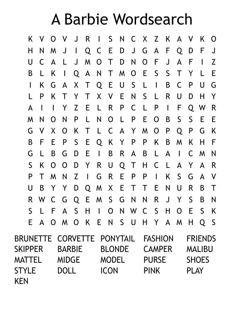 A Barbie Wordsearch WordMint A Barbie Wordsearch WordMint