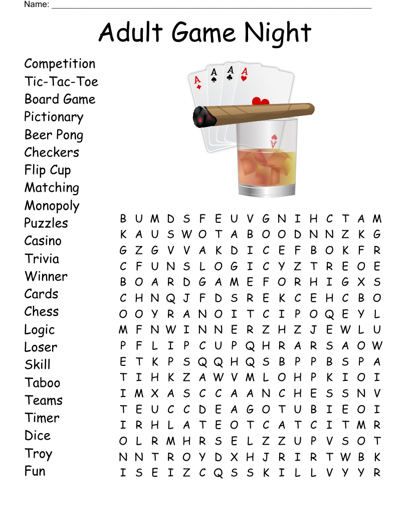 Adult Game Night Word Search WordMint