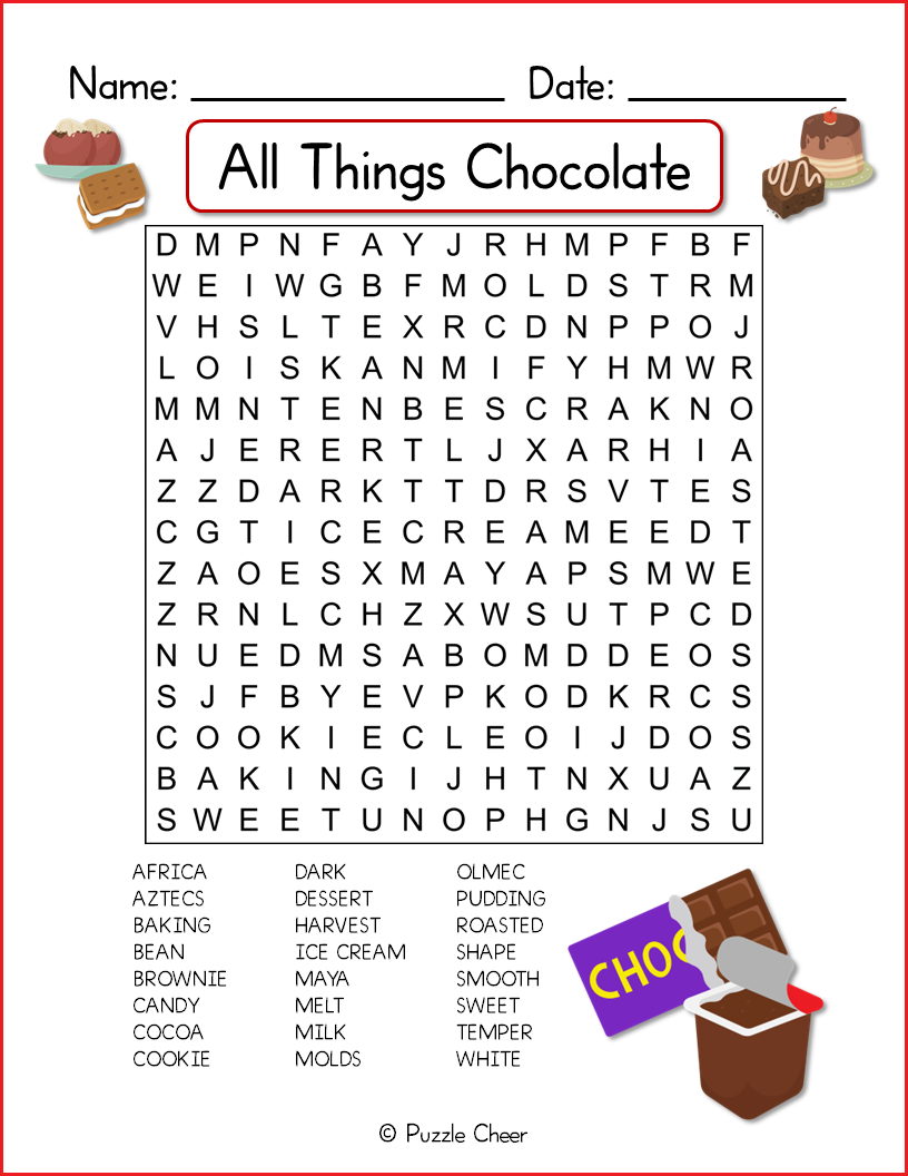 All Things Chocolate Word Search For Kids Puzzle Cheer