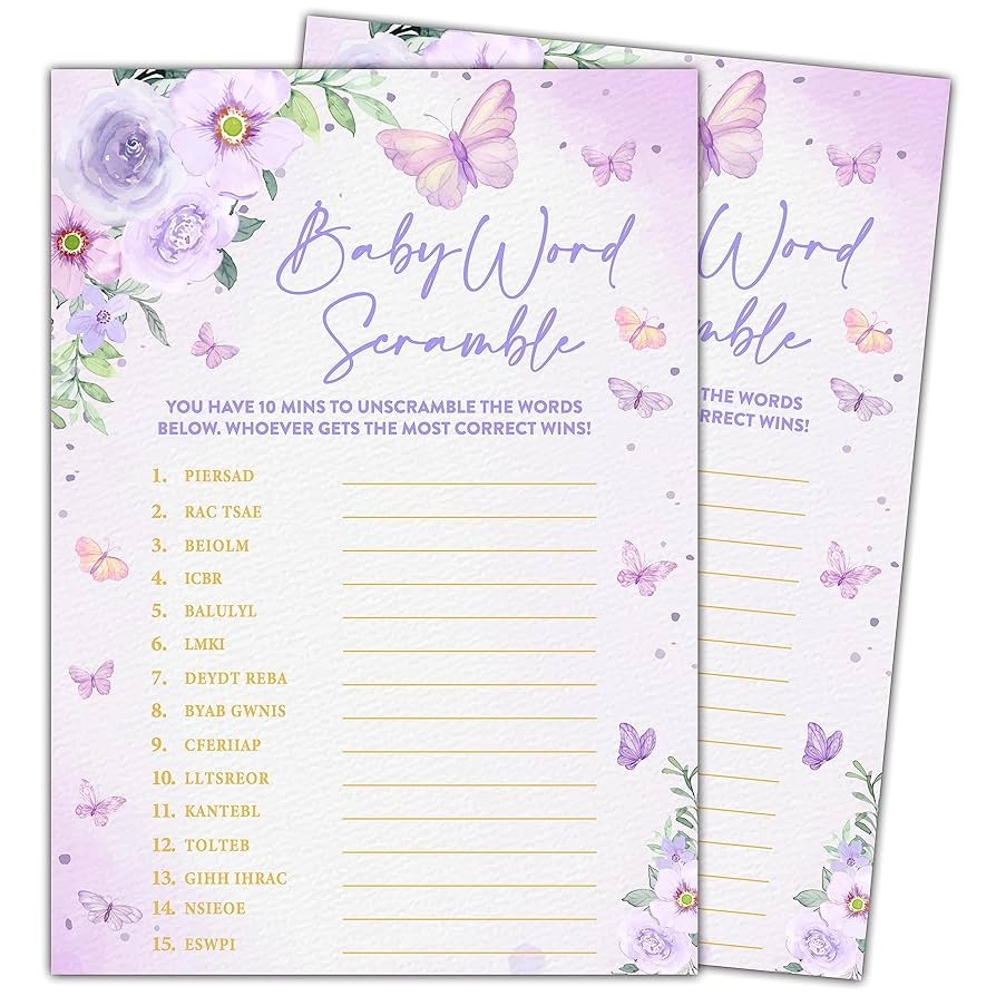 Amazon Butterfly Kisses Baby Shower Games 30 Baby Word Scramble Game Cards With 1 Answer Card Gender Reveal Party Supplies Favors 5 x7 B01 Home Kitchen