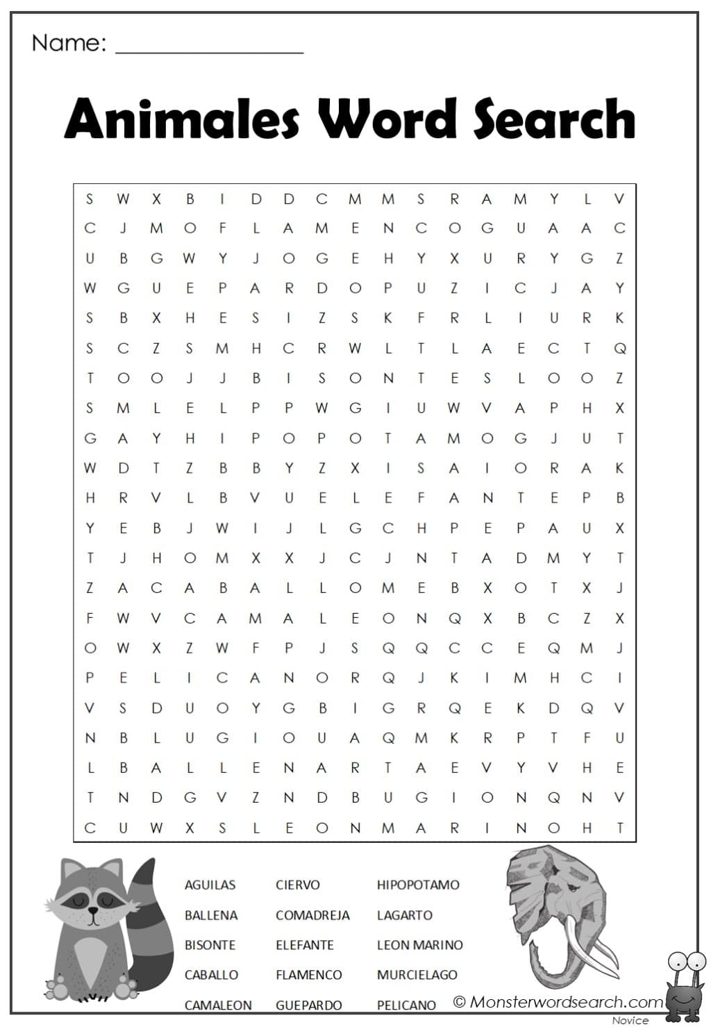 Animales Word Search Monster Word Search Worksheets Library