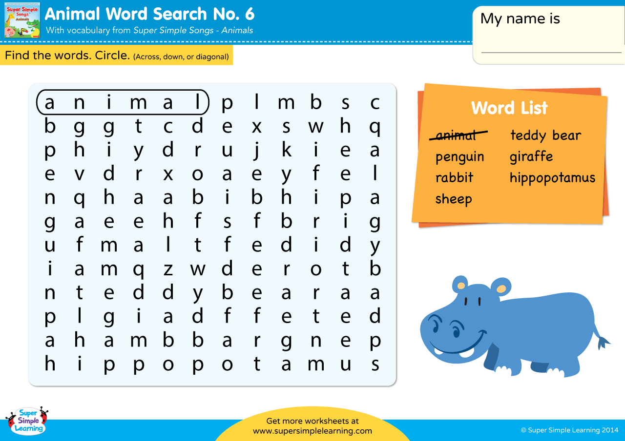 Animals Word Search 6 Super Simple