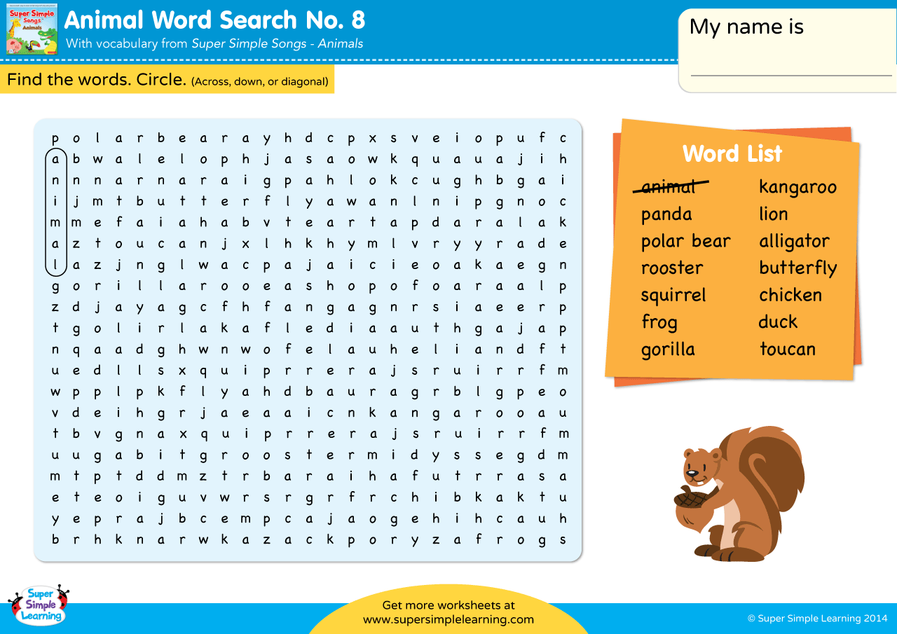 Animals Word Search 8 Super Simple