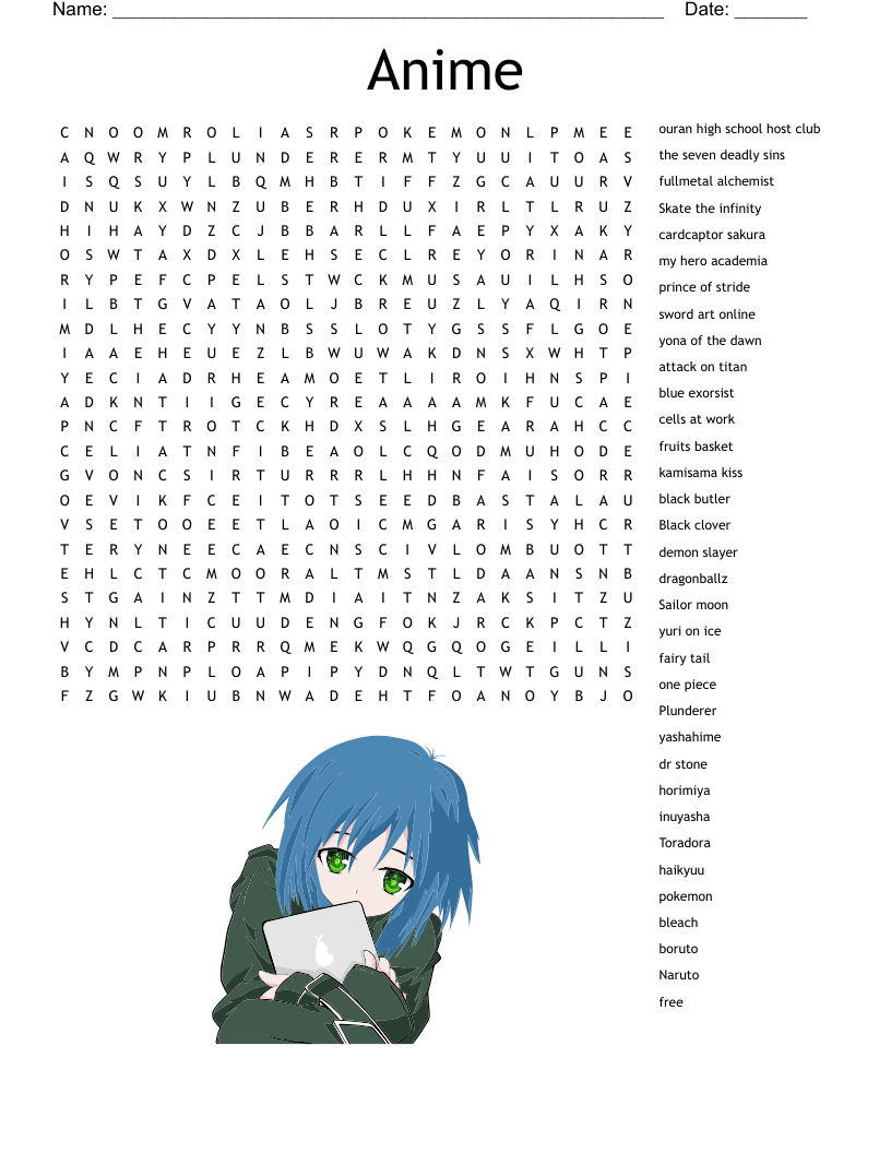 Anime Word Search WordMint
