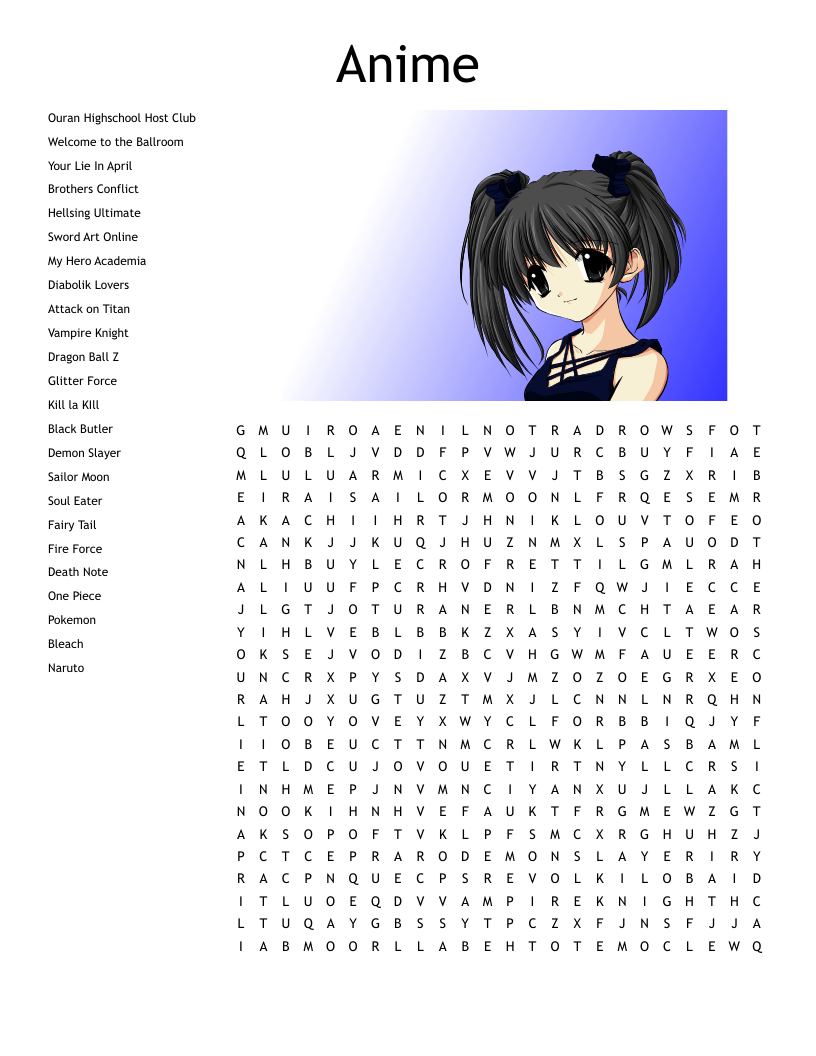 Anime Word Search WordMint
