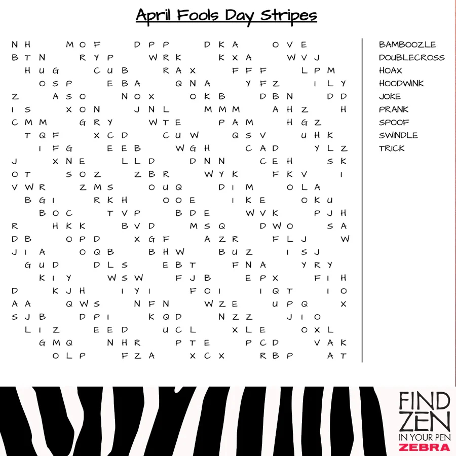April Fools Day Stripes Word Search Zebra Pen