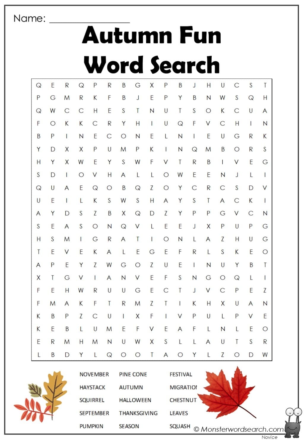 Autumn Fun Word Search Monster Word Search