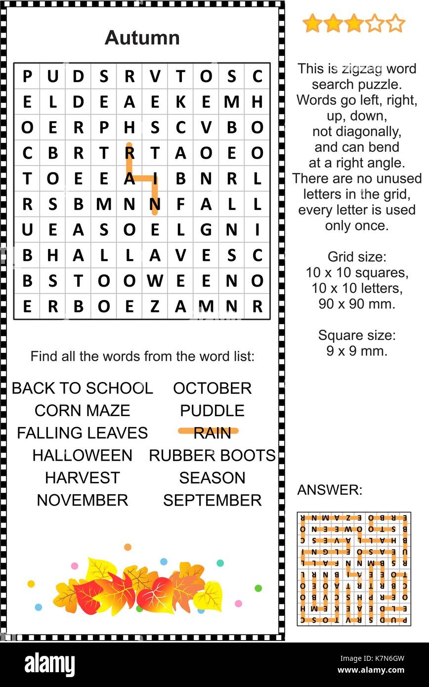 Autumn Themed Zigzag Word Search Puzzle suitable Both For Kids And Adults Answer Included Stock Vector Image Art Alamy