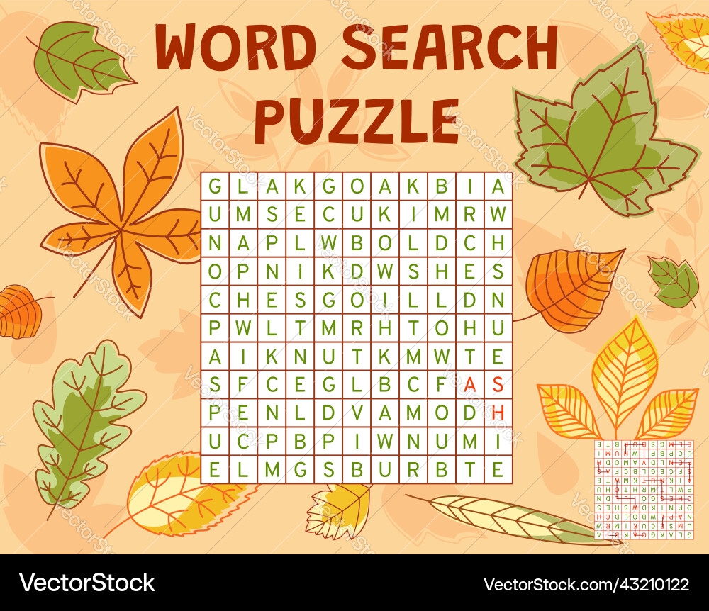 Autumn Tree Leaves Word Search Puzzle Game Task Vector Image