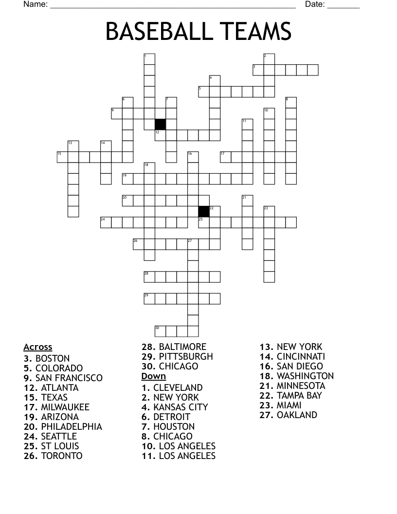 Baseball Team Word Search