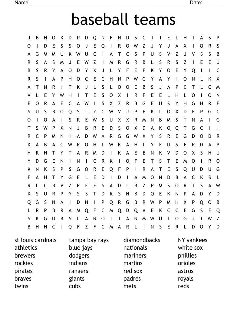 Baseball Teams Word Search WordMint