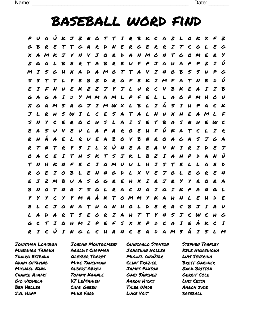 Baseball Word Find Word Search WordMint