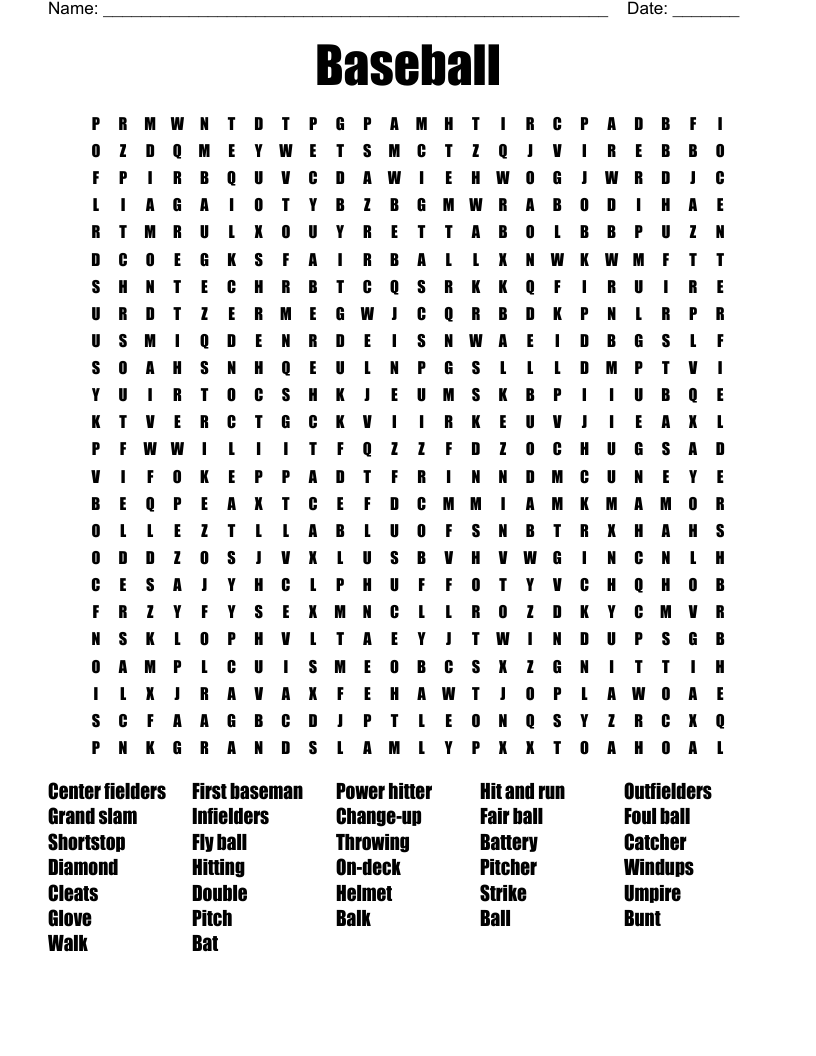 Baseball Word Search Answers