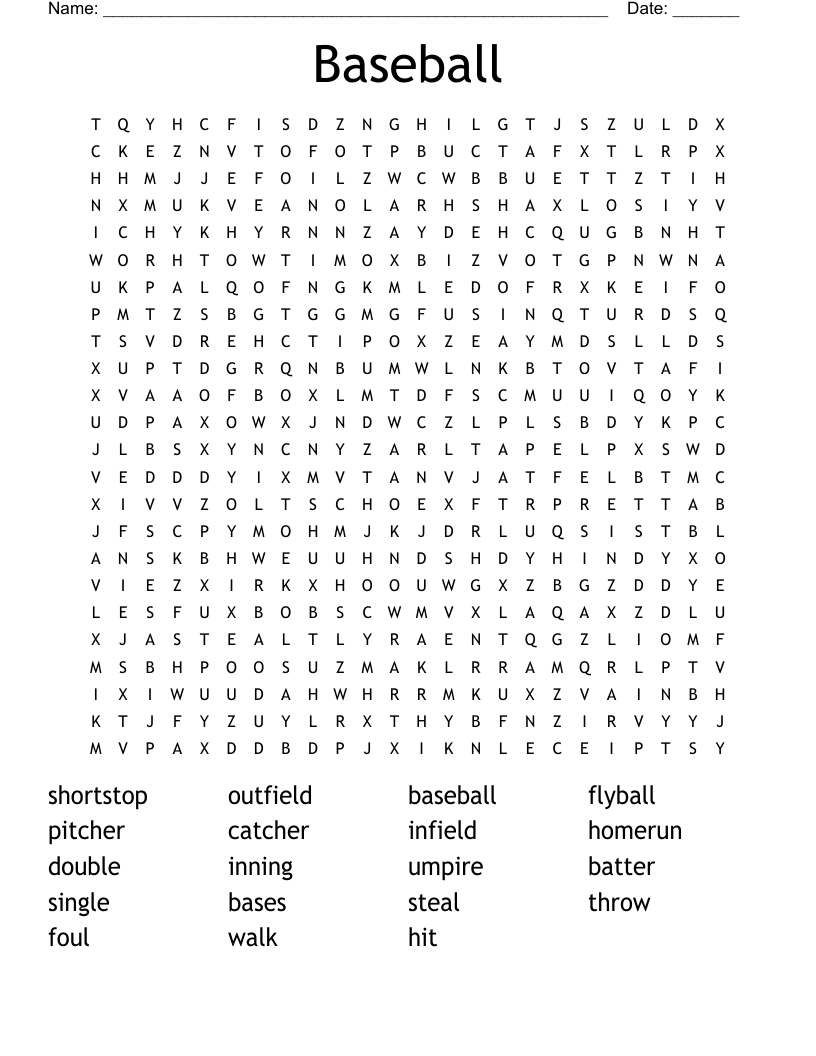 Baseball Word Search For Kids