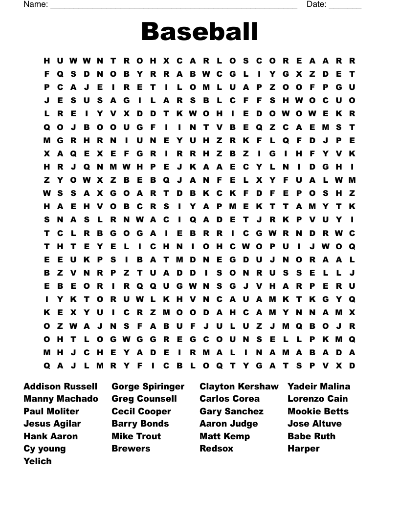 Baseball Word Search WordMint