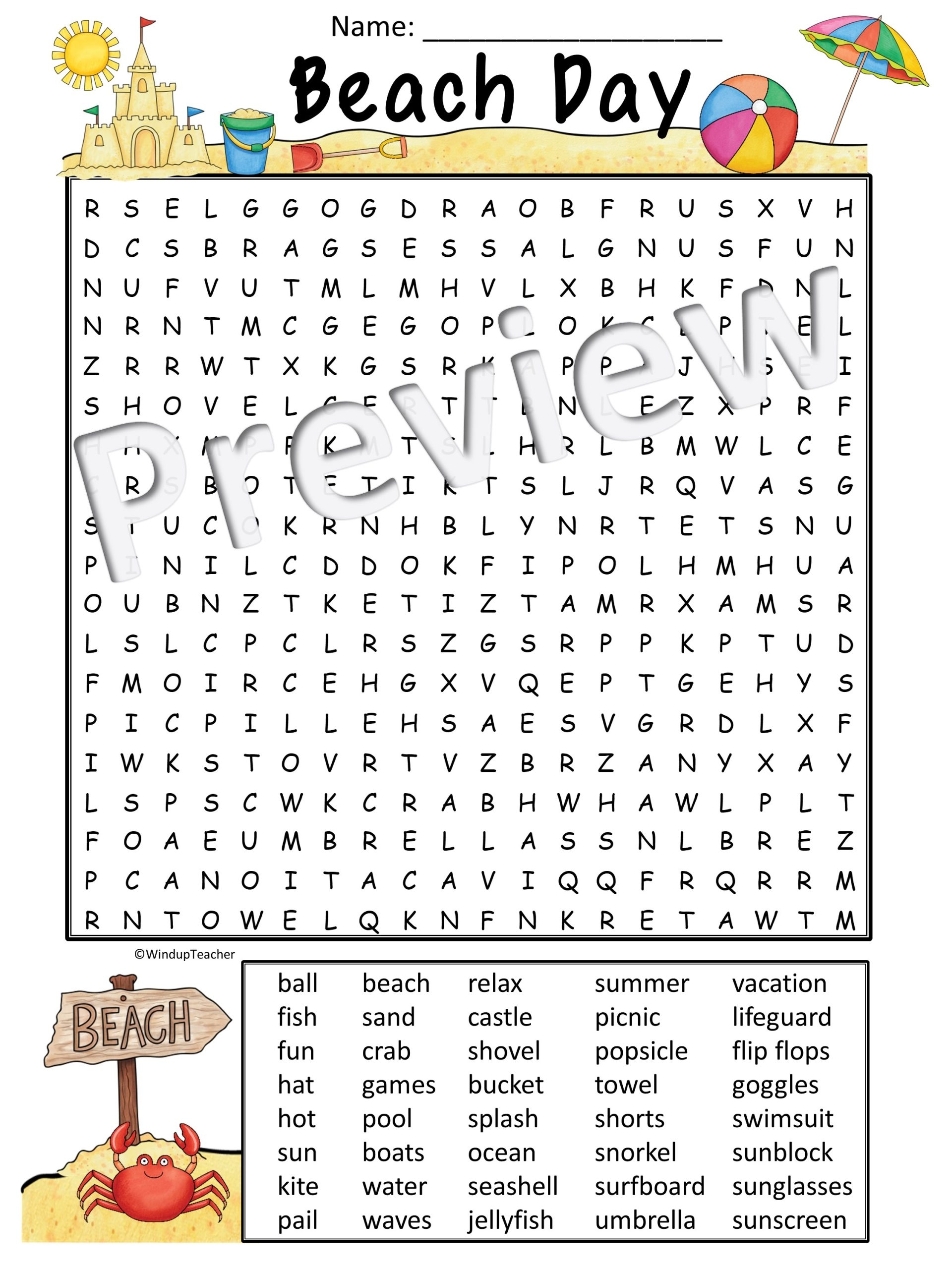 Beach Day Word Search Activity Printable Hard For Grades 5 To Adult Made By Teachers