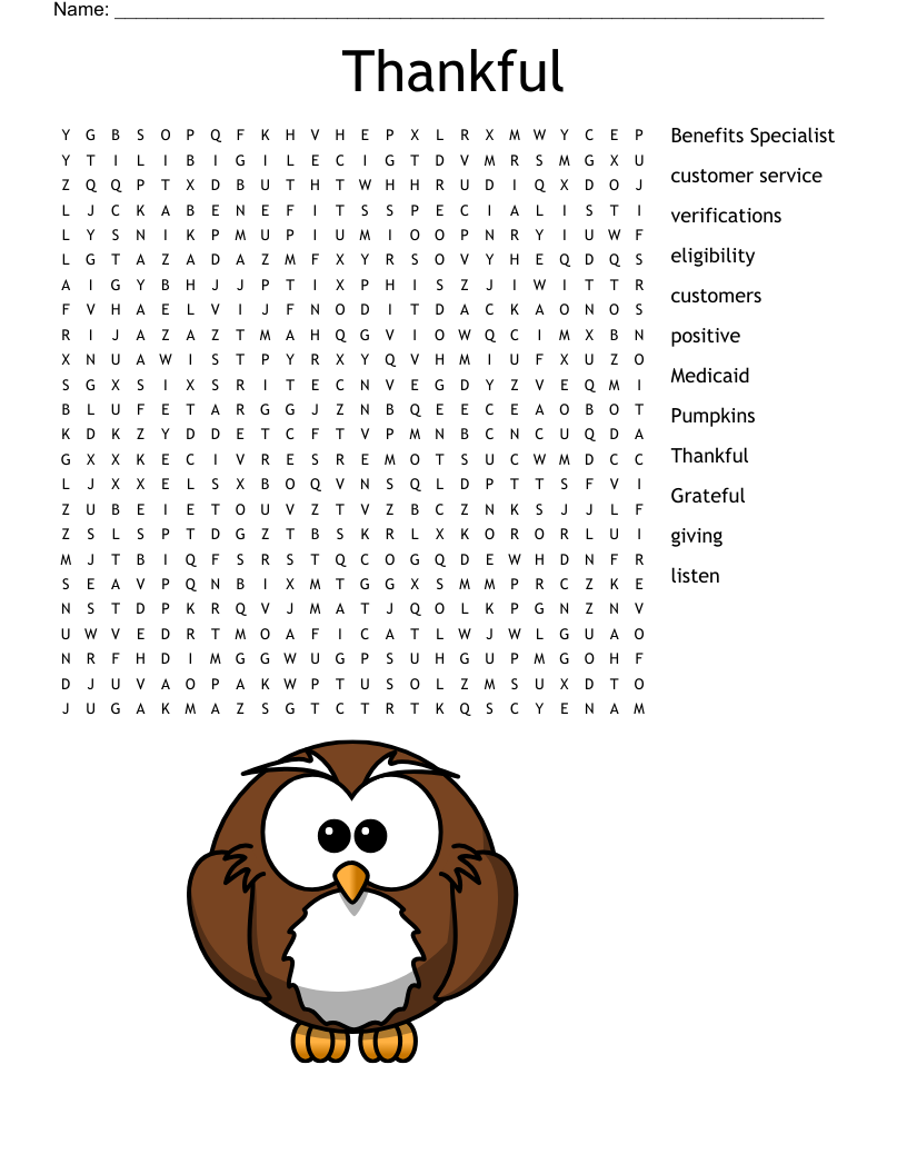 Being Thankful Word Search WordMint