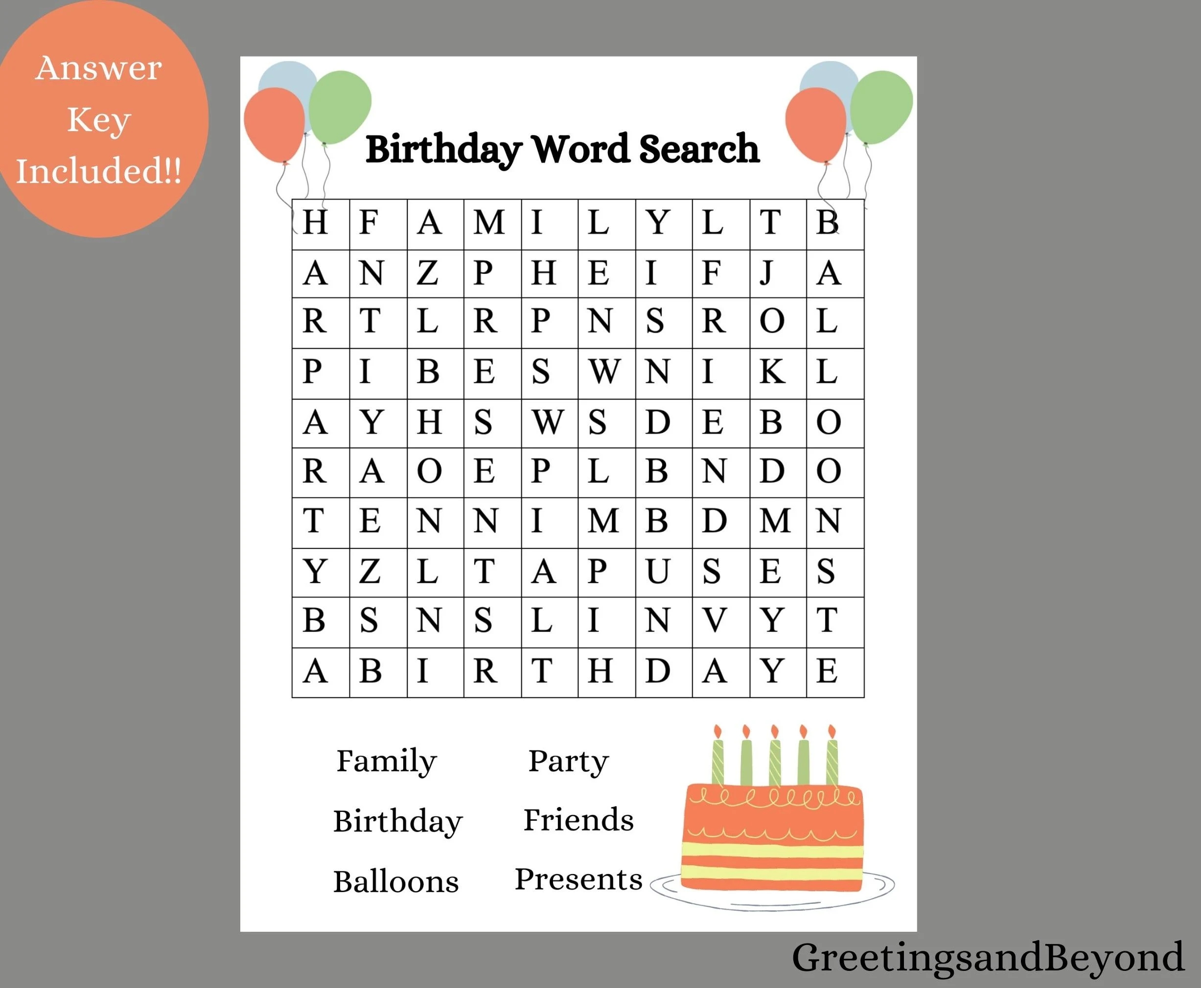 Birthday Word Search Printable Digital Download Printable PDF Etsy