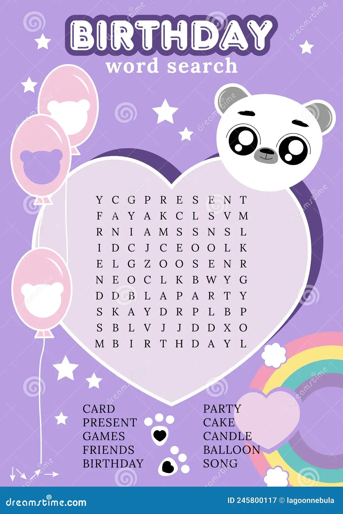 Birthday Word Search Puzzle Printable Trivia Game For Children Stock Vector Illustration Of Birthday Invitation 245800117