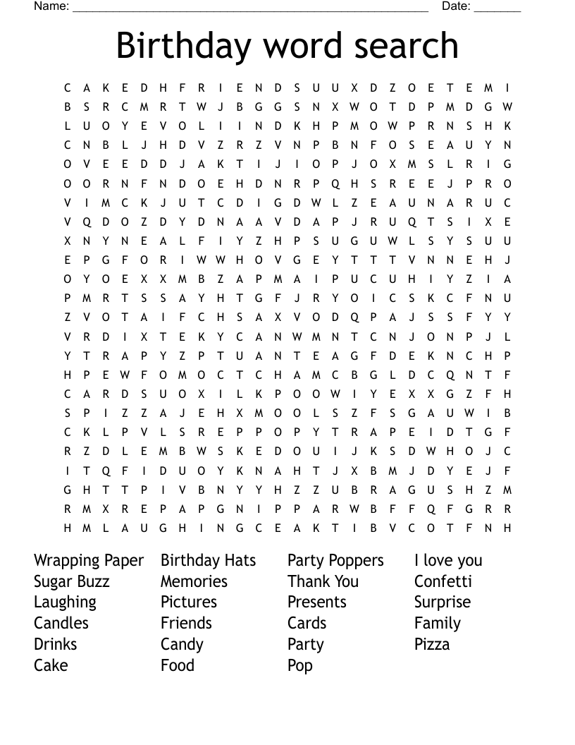 Birthday Word Search WordMint