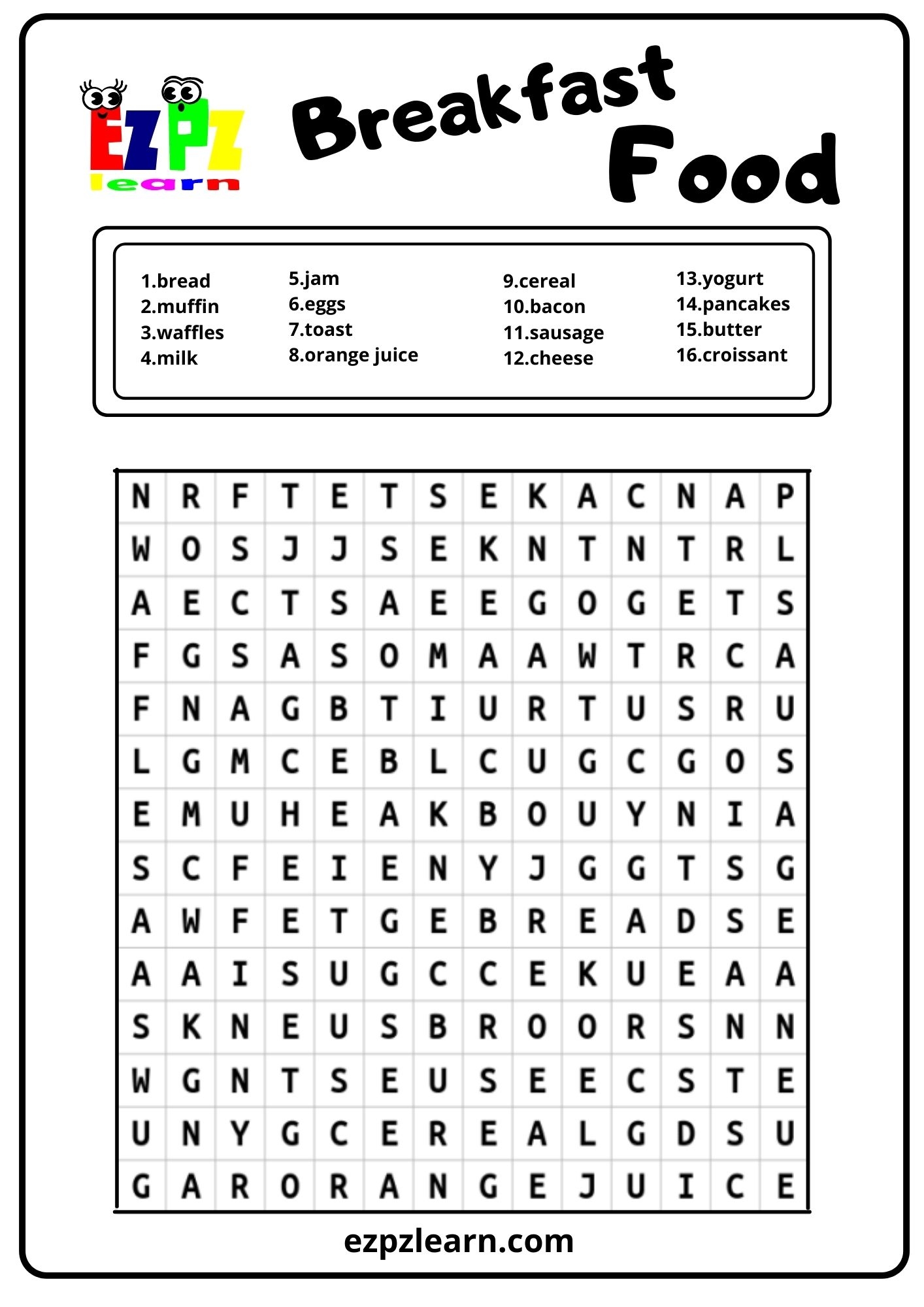 Breakfast Food Word Search 1 Ezpzlearn