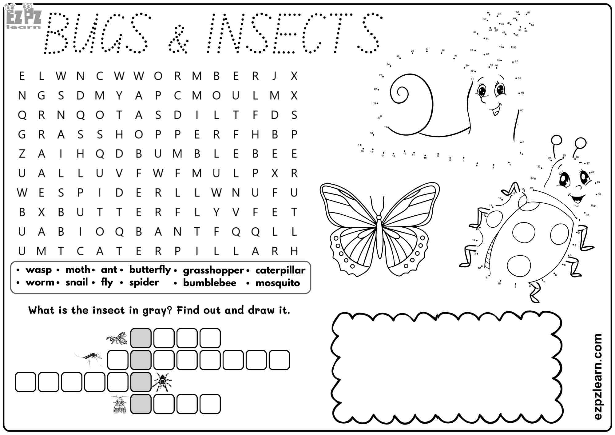 Bugs And Insects Vocabulary For Kids Includes Word Search Drawing And Coloring Activities Ezpzlearn