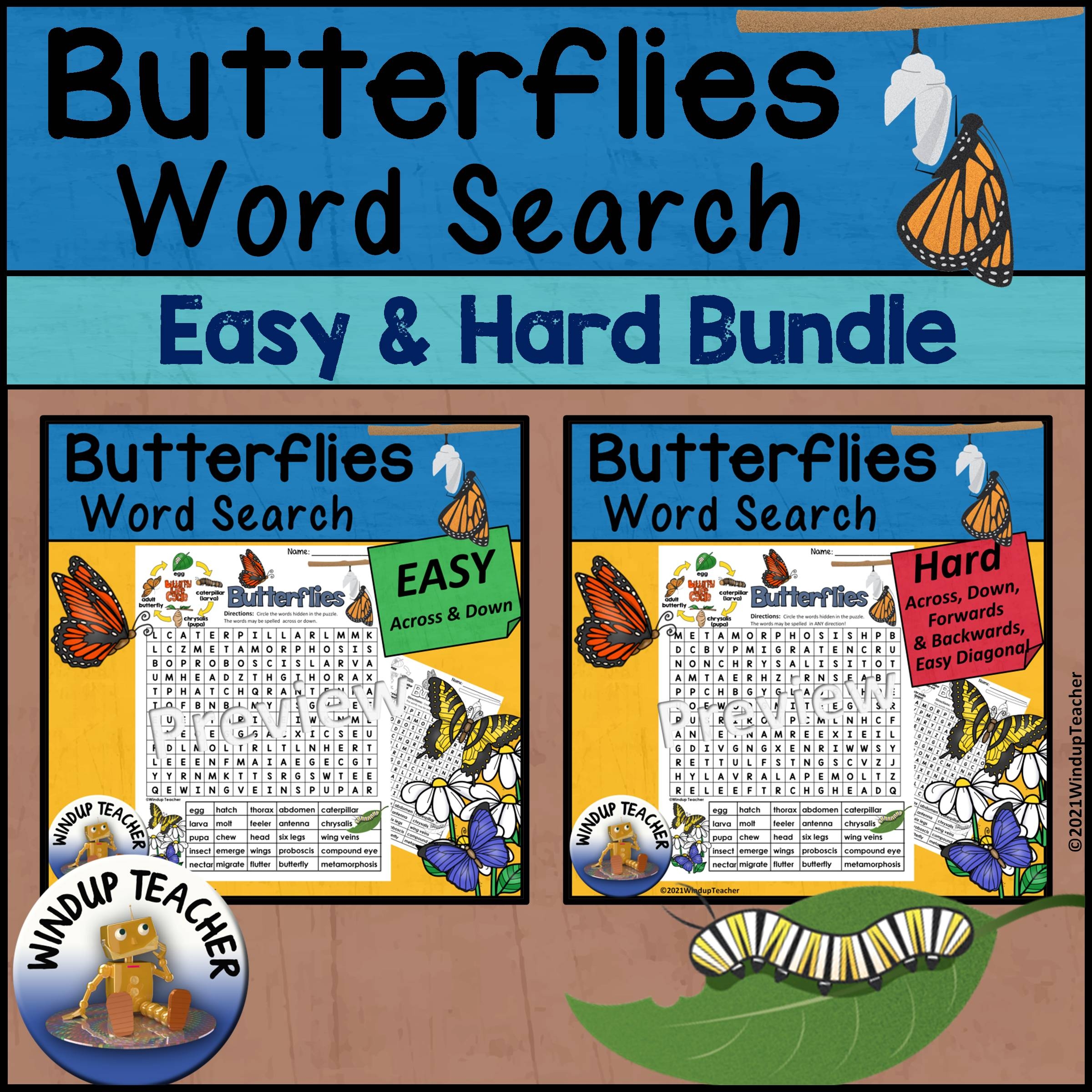 Butterflies Word Search Easy And Hard BUNDLE Made By Teachers