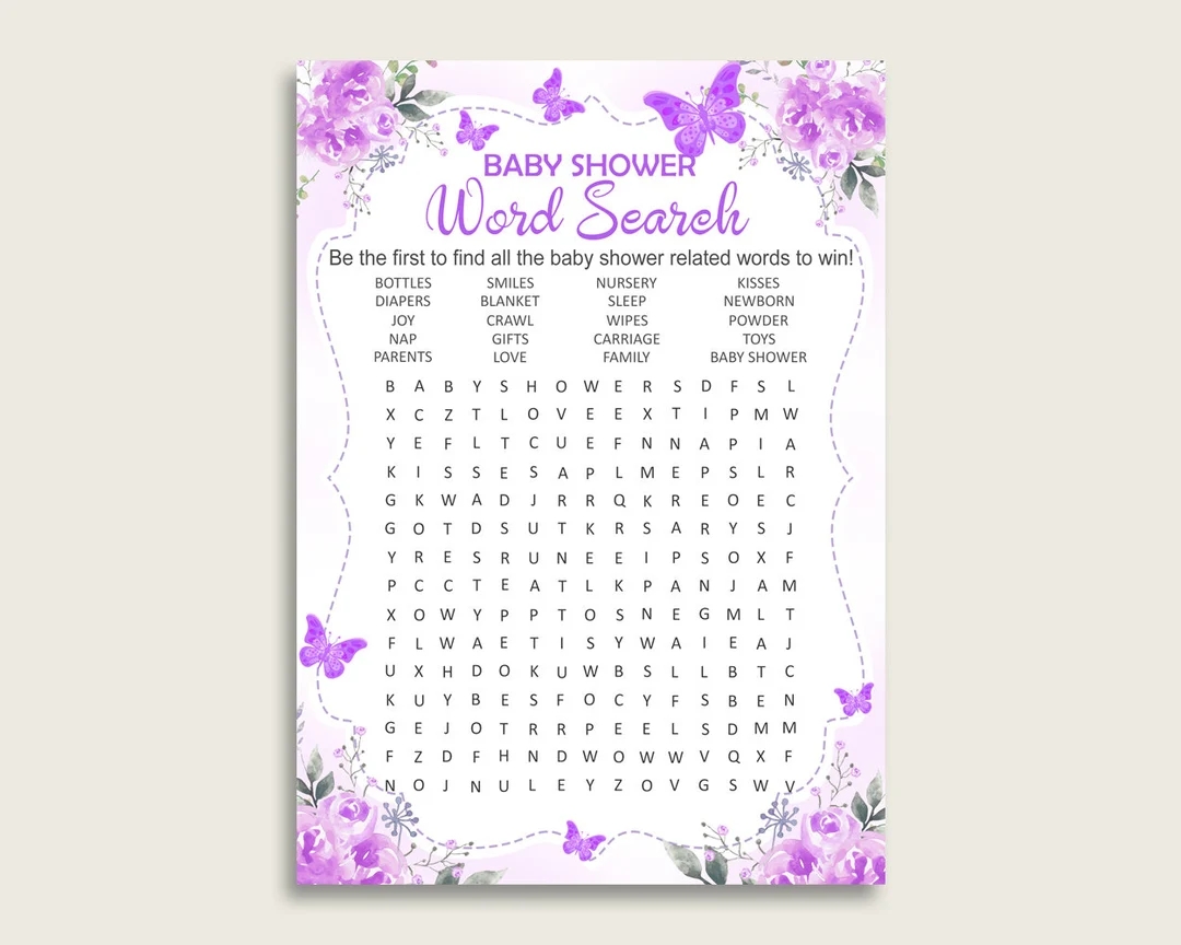 Butterfly Word Search Game Purple White Baby Shower Word Search 