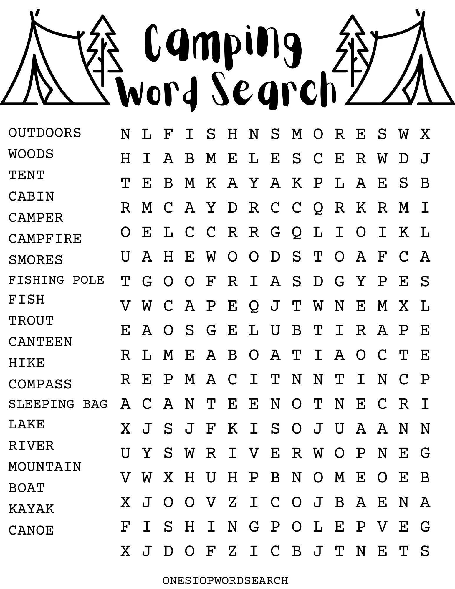 Camping Word Search Puzzle With Answer Sheet Camping Games Camping Activities Outdoors Etsy