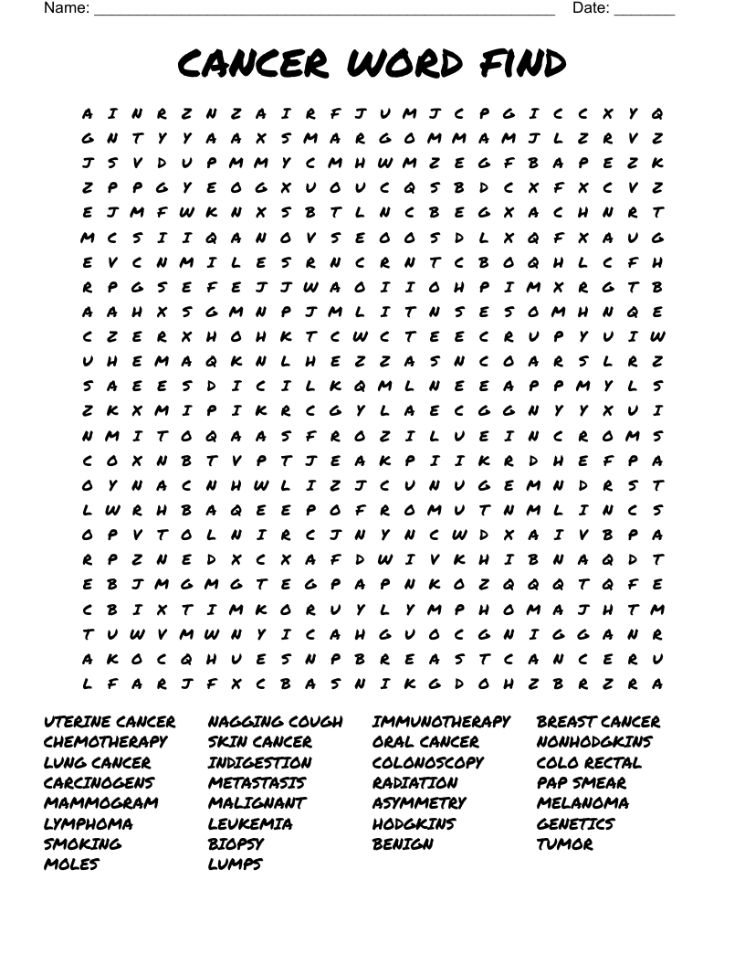 Breast Cancer Word Search Puzzle