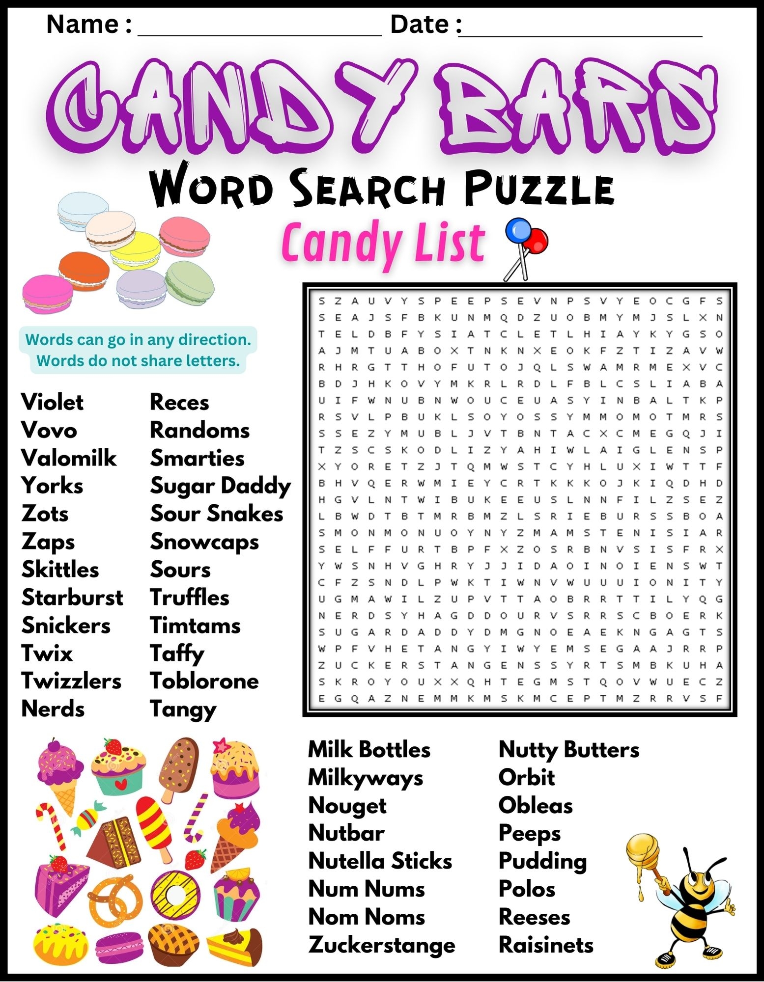 Free Printable Candy Word Search