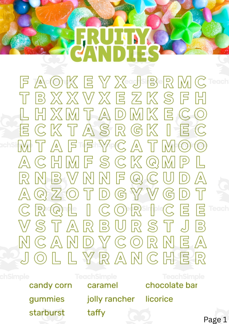 Candy Word Search 1 Page Sample PDF By Teach Simple