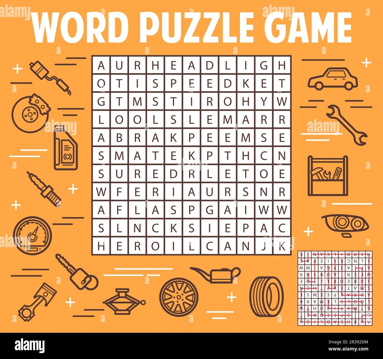 Car Spare Parts And Service Word Search Puzzle Game Worksheet Vector Kids Quiz Grid With Auto 