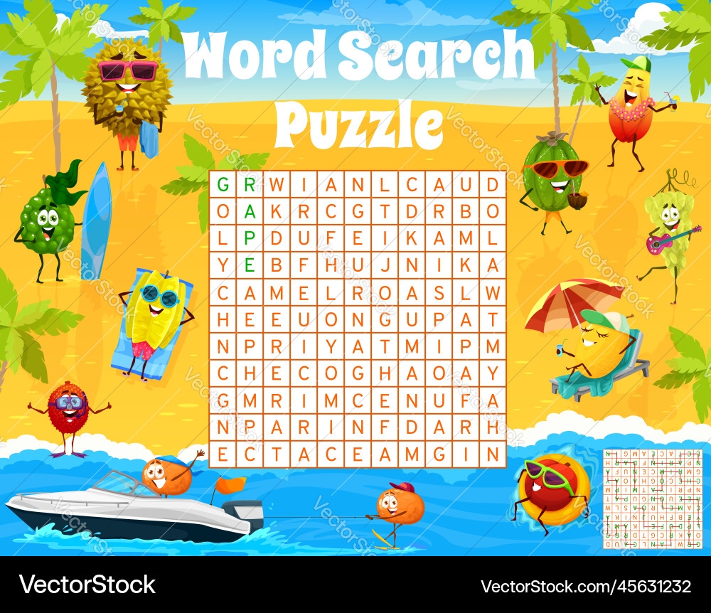 Cartoon Fruits On Summer Beach Word Search Puzzle Vector Image