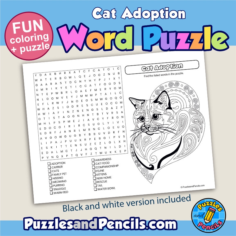 Cat Adoption Word Search Puzzle Activity And Coloring Cat Wordsearch Made By Teachers