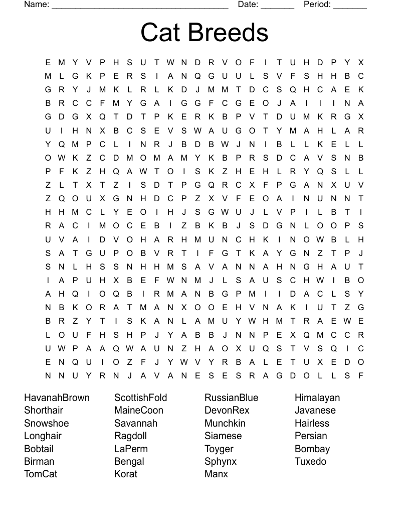 Cat Breeds Word Search WordMint Cat Breeds Word Search WordMint