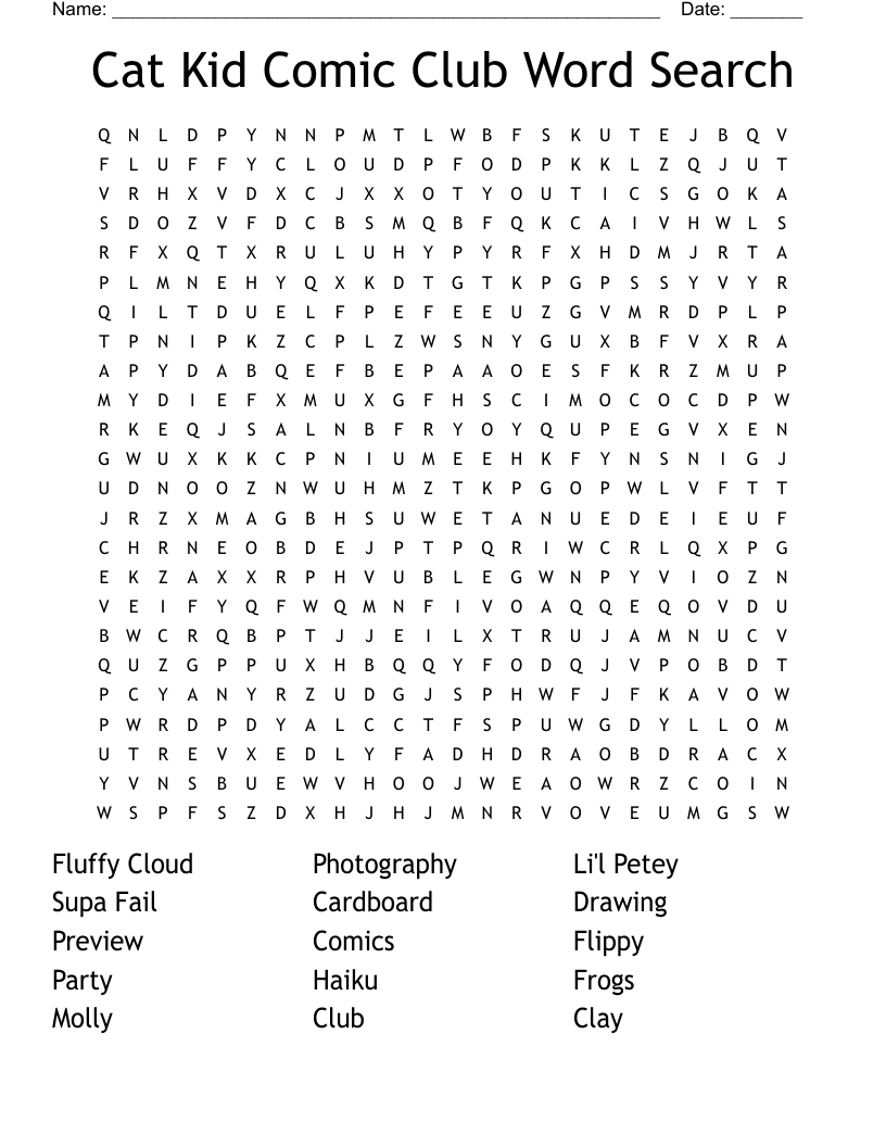 Cat Kid Comic Club Word Search WordMint