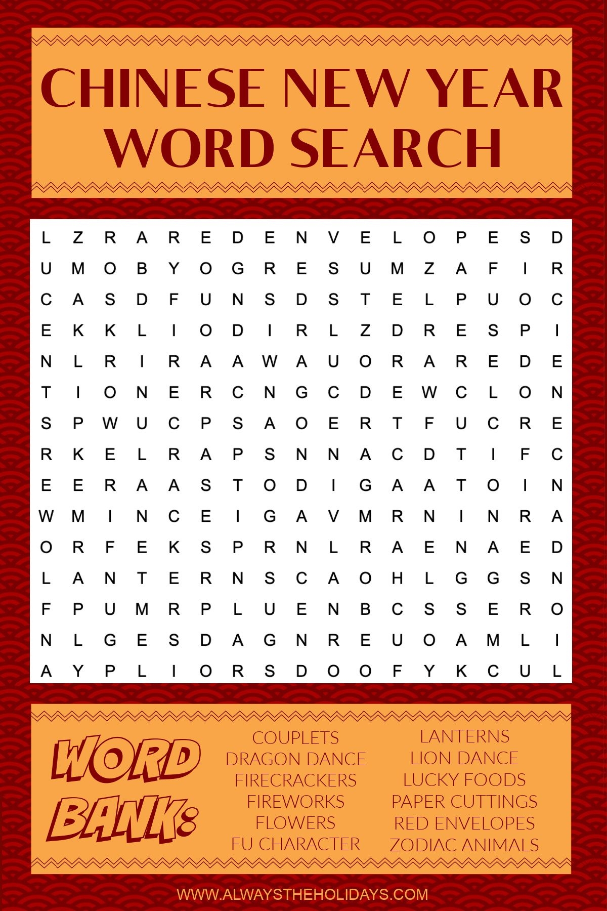 Chinese New Year Word Search For Kids